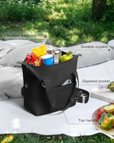 GLORIEROO Pastel Lunch Box Women | Insulated Soft Waterproof Leakproof Lunch Bag Cooler | Adjustable Strap | BPA-Free - color: Midnight Black