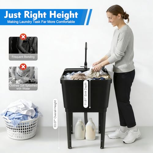 Black Utility Sink, Free Standing Laundry Sink, Laundry Tub Sink with Faucet+Soap Dispenser+Drain Pipe Kit, Laundry Room Sink for Restaurants, Laundries, Stores - color: Black, 19.7 x 19 x 33.1in