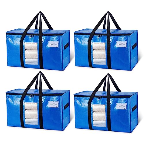 TAILI Extra Large Moving Bags, 4 Pack Blue Heavy Duty Totes For Storage with Visible Window, Wrap Around Handles, Storage Bags for Space Saving, Alternative to Moving Boxes - color: Blue, size: 4 Large