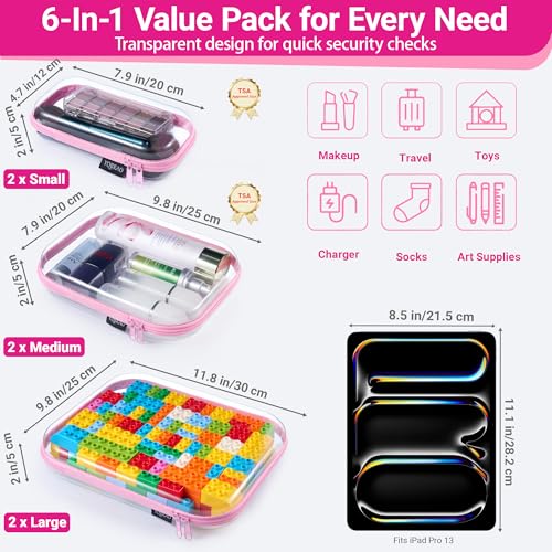 YQBRAO 6 Pack Soft Pink Clear Hard Shell Zipper Case, 1.2mm Crush-Proof Makeup Bag & Skincare Organizer, Heavy Duty Travel Pouches for Toiletries, Art Supplies & Daily Carry (2L+2M+2S) - color: Pink, size: 6 Pack (2L+2M+2S)