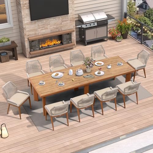 PURPLE LEAF 11 Pieces Dining Set Patio Metal Rectangular Table and Wicker Rattan Chairs for Outside Porch Garden Kitchen Modern Outdoor Furniture Sets - color: Deep Teak, size: 11 PCS, style: Rectangular