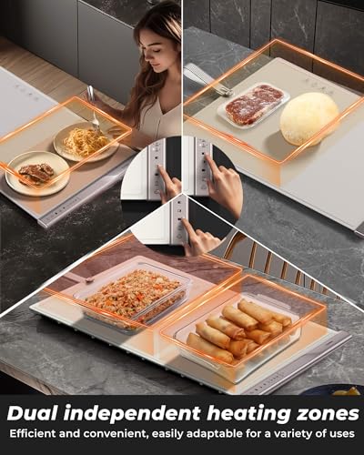 Food Warming Mat with Dual Heating Zones, 4 Temp Settings, Silicone Easy-Clean, Auto Shut-Off, Timer, Child Lock, Portable for Buffet, Party & Travel, 350W, 120V(AC), (White) - color: White