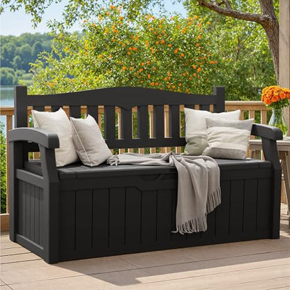 Greesum 80 Gallon Deck Box Storage Bench, Patio Furniture, Lockable, Waterproof and UV Resistant,with Armrest, Suitable for Garden, Porch, Poolside, Dark Black - color: Dark Black, style: 80 Gallon