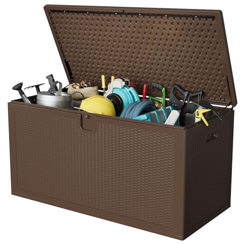 Garvee 150 gal Large Resin Deck Box, Waterproof & Weatherproof Outdoor Storage Box, Lockable Pool Storage Bin with Lid for Porch Patio Garden Backyard, Brown - color: Brown, size: 150 Gal