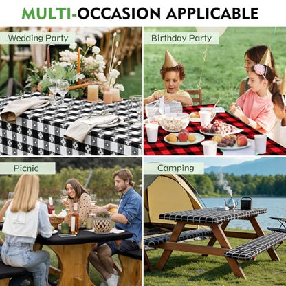 Picnic Table Cover with Bench Covers, Fitted 6ft Waterproof Tablecloth Set for Outdoor Camping & RV - Includes 1 Table Cover & 2 Bench Covers with Drawstring Storage Bag, 30"x72", Red Black Grid - color: Red Black Grid