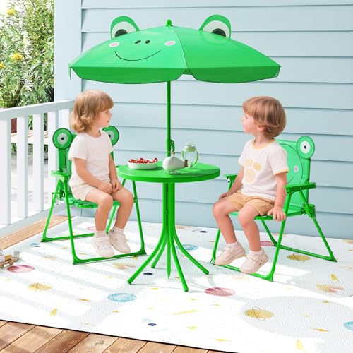 HONEY JOY Kids Picnic Table, Animal Themed Toddler Outdoor Table and Chair Set, 2 Folding Chairs & Removable Umbrella, Children Outdoor Furniture for Backyard Patio Garden (Green Frog) - color: Green Frog