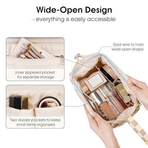 Narwey Large Checkered Makeup Bag Women Wide-open Make up Bag Travel Cosmetic Bag Organizer Toiletry Bag for Cosmetics Toiletries Accessories (Light Checkerboard) - color: Z-Light Checkerboard