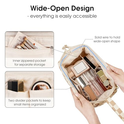 Narwey Large Checkered Makeup Bag Women Wide-open Make up Bag Travel Cosmetic Bag Organizer Toiletry Bag for Cosmetics Toiletries Accessories (Light Checkerboard) - color: Z-Light Checkerboard