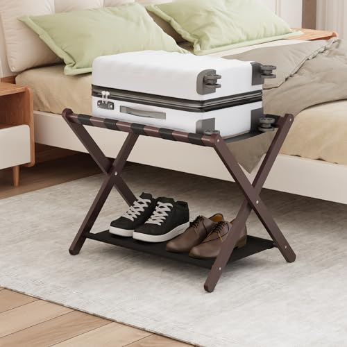 Smuxee Brown Bamboo Luggage Rack for Guest Room, Foldable Suitcase Stand with Storage Shelf, Easily Assembled Luggage Stand with 5 Nylon Straps for Guest Room Bedroom Hotel - color: Brown 1PCS