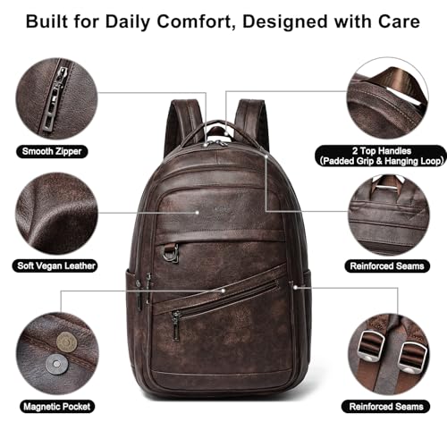 LATMAP Backpack for Women Men - Vegan Leather Backpack Purse Travel Carry-on Bag College Bookbag Work fits 16.5" Laptop, Coffee - color: Coffee