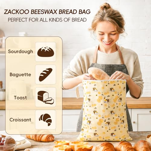 2 Pack Beeswax Bread Bags for Homemade Bread, Bees Wax Bread Bags Storage for Homemade Sourdough, XL 17'' x 13'', Zipper Closure, Freezer Safe - color: L-Zipper