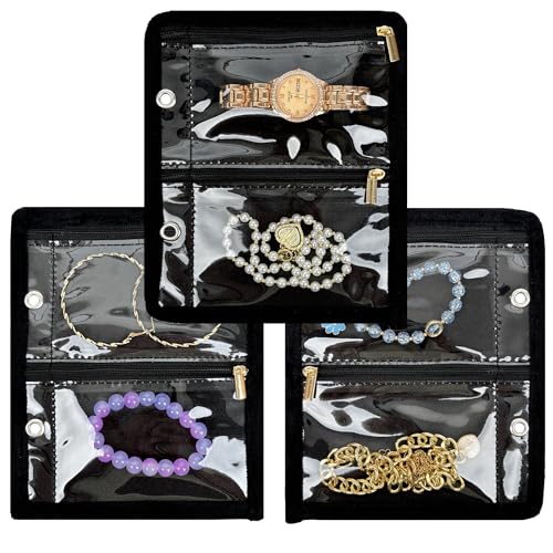 Travel Jewelry Organizer Case,Jewelry Bags for Traveling, Jewelry Binder with 24 Pcs Clear Zipper Velvet Pouches (Inner Pages, 3 PCS) - color: Inner Pages,Black,3 PCS