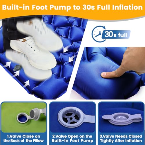 4-Inch Inflatable Camping Sleeping Pad with Built-in Foot Pump & Pillow, Side Sleeper Support, Stays Firm Overnight, Compact for Backpacking, Car Camping & Outdoor Gatherings - color: Royal Blue+green