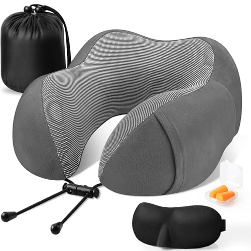 CloudBliss Memory Foam Travel Pillow for Airplane, Neck Pillow for Traveling, Airplane Pillow for Long Flight Travel, Compact Neck Pillow with Eye Mask, Earplugs, Carry Bag, Trip Essentials, Dark Grey - color: Dark Grey