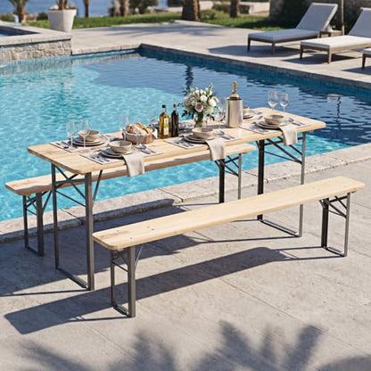Tangkula 3 Piece Folding Picnic Table with 2 Benches, Foldable Wood Picnic Table Bench Set with Heavy-Duty Metal Frame for 6, Space-Saving Outside Table and Bench Set for Backyard, Patio, Garden