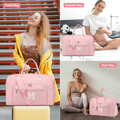 Letter Travel Duffle Bags for Women - Initial Personalized Weekender Bag with Shoe Compartment Carry On Overnight Bag with Toiletry Bag Duffel Bags Hospital Bags Birthday Gifts Pink (Letter M) - color: Z-Pink M
