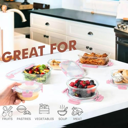 Razab 30 PC Glass Food Storage Containers with Lids - Reusable Glass Meal Prep Containers for Lunch and Leftovers - Airtight & Leakproof Snap Locking Lids - Oven, Freezer, Microwave, Dishwasher Safe - color: Pink