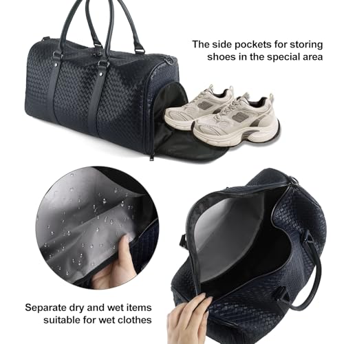 Weekender Bags for Women Woven Leather Travel Duffle Bag with Shoe Compartment, Carry On Garment Bag for Men Women, Large Capacity Water-resistant Gym Tote (Dark Blue) - color: Dark Blue