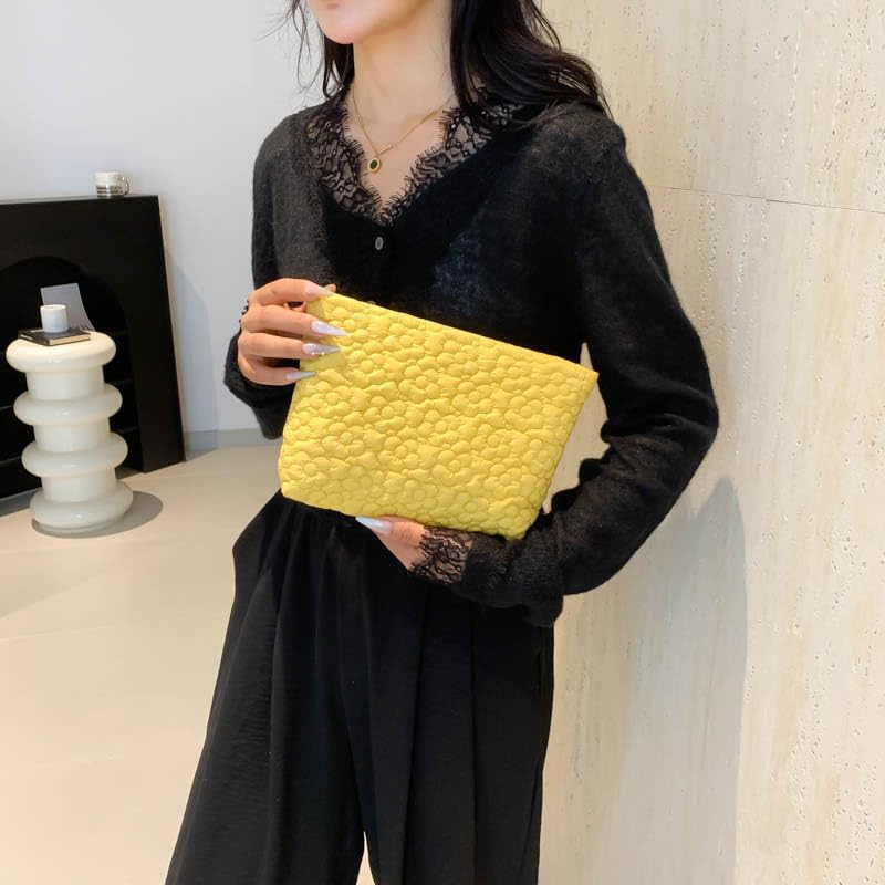 Puffy Quilted Makeup Bag for Women, Cosmetic Bag, Travel Toiletry Organizer Pouch Clutch (Yellow Flowers) - color: Yellow Flowers