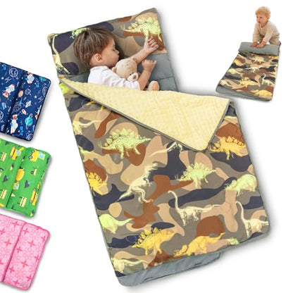 Primlect Toddler Nap Mat with Removable Pillow and Fleece Blanket, Extra Large 55''x35'' Sleeping Bag, Washable, Light, Easy to Roll up, Perfect for Daycare, Preschool, Kindergarten, Travel - color: Camo Dinosaur