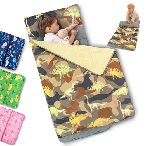Primlect Toddler Nap Mat with Removable Pillow and Fleece Blanket, Extra Large 55''x35'' Sleeping Bag, Washable, Light, Easy to Roll up, Perfect for Daycare, Preschool, Kindergarten, Travel - color: Camo Dinosaur