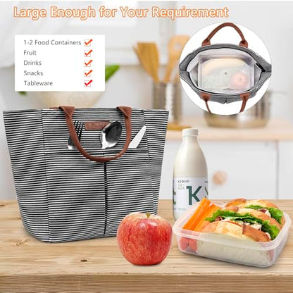 LOKASS Lunch Bag Women Insulated Lunch Box, Wide-Open Lunch Tote Bag Leak-proof Cooler Bag for Work Picnic- (Stripe) - color: Black Stripes