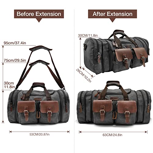 Wildroad 50L Travel Duffel Bag, Expandable Canvas Genuine Leather Duffle Bag Upgraded Overnight Weekender Carry on Bag - color: Black, size: Large-50L Duffle Bag