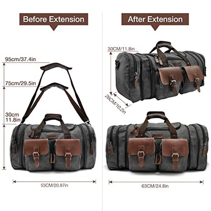 Wildroad 50L Travel Duffel Bag, Expandable Canvas Genuine Leather Duffle Bag Upgraded Overnight Weekender Carry on Bag - color: Black, size: Large-50L Duffle Bag