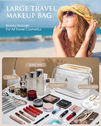 Bridesmaid Proposal Gifts, Initial Large Makeup Bag, Personalized Double Layer Cosmetic Bag with Makeup Brush Organizer, Waterproof, PU Leather Travel Toiletry Bag Graduation Gift - color: White, style: N