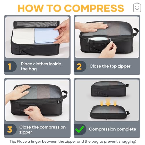 Veken 6/9/11 Set Compression Packing Cubes for Travel Essentials,Compressible Expandable Large Luggage Suitcase Organizer Bags for Clothing,Durable Space Saver Storage Bags(Black) - color: Black, size: 6 set