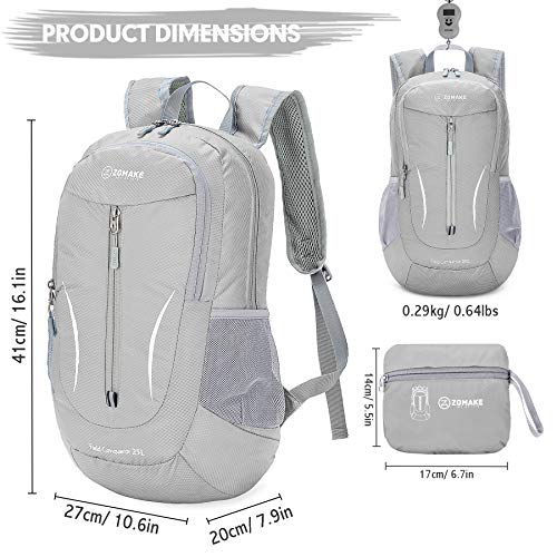 ZOMAKE Ultra Lightweight Packable Backpack 25L, Foldable Hiking Backpacks Water Resistant Small Folding Daypack for Travel(Sliver Grey) - color: Sliver Grey