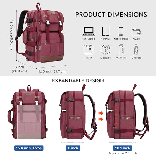 WITZMAN Canvas Travel Backpack for Women Large Laptop Backpack Fit 16 inch Carry-on Airline Approved Convertible Shoulder Rucksack(A6617-3 Red) - color: Red
