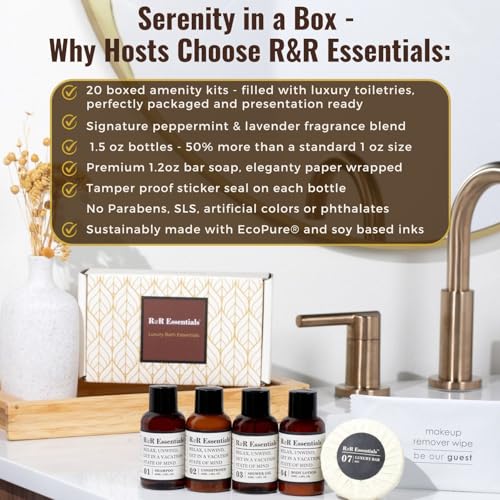 20 Display Ready Boxed Amenity Kits with Premium Hotel Toiletry Essentials - 1.5 oz Shampoo, Conditioner, Shower Gel, Lotion, 1.2 oz Guest Soap & 2 Makeup Remover Wipes - Air bnb & Vacation Rentals - style: 20 Sets (Boxed/Display Ready)