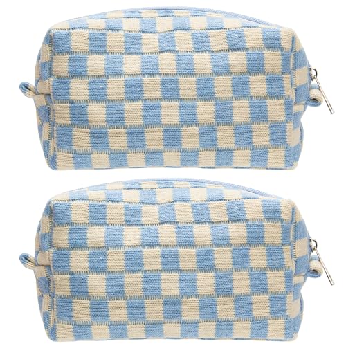 PAZIMIIK 2PCS Checkered Makeup Bag for Purse Portable Zipper Make Up Pouch Small Cosmetic Case for Travel Accessories Blue Beige - color: BLUE BEIGE, size: 2PCS BOX POUCH