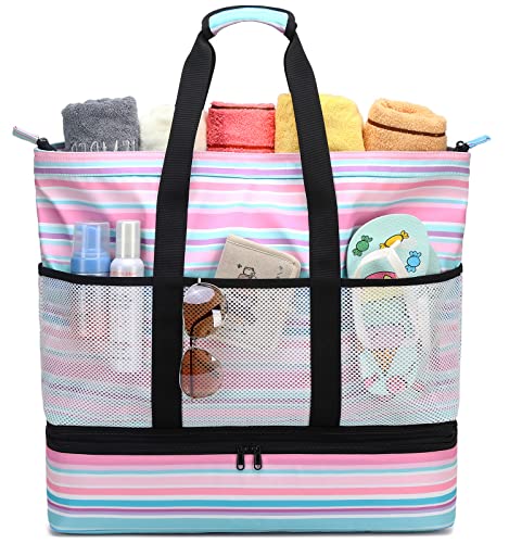 JIANYA Beach Bag Women Waterproof Sandproof Beach Tote Bags with Cooler Top Zipper Large Totes for Pool Travel Daily - color: Small Stripes Pink