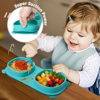 Baby Plates with Suction with Forks and Spoons, Foldable Silicone Toddler Plates, Baby Travel Essential, Microwave & Dishwasher Safe, Aqua - color: Aqua, style: Suction