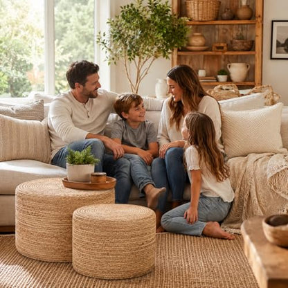 Wimarsbon 18'' Pouf Ottoman, Natural Braided Poof, Round Poufs, Rustic Handweave Lounge Pouffe, Boho Footrest Stool for Bedroom, Accent Table or Seat for Patio, Living Room - color: 18inch Natural Water Hyacinth Braid