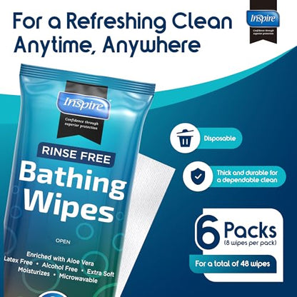 Body Wipes for adults bathing rinse free | Adult Wash Cloths Extra Large, Bathing Wipes for Incontinence, 8"x 8" In (48 count) | By Inspire - style: Thick 6 Packs of 8