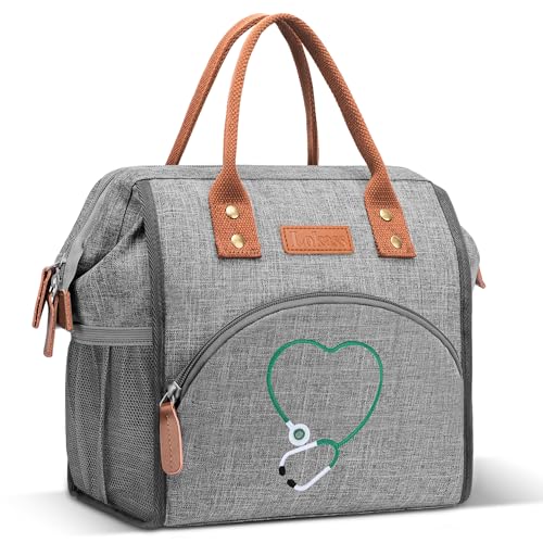 LOKASS Nurse Lunch Bag for Women, Embroidered Lunch Box with Special Nursing Design, Insulated Lunch Tote Ideal for Nurse Gifts, Neutral Grey - color: Gray - Stethoscope Heart