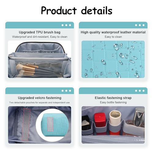 BOYATU Checkered Travel Makeup Bags: Vacation-Ready Light Blue Large Capacity Cosmetic Bag for Women - 3 Pcs Set Toiletry Organizer with Waterproof Leather - Easy to Clean Beach Trip Essential - color: 01-C-Blue