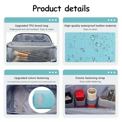 BOYATU Checkered Travel Makeup Bags: Vacation-Ready Light Blue Large Capacity Cosmetic Bag for Women - 3 Pcs Set Toiletry Organizer with Waterproof Leather - Easy to Clean Beach Trip Essential - color: 01-C-Blue