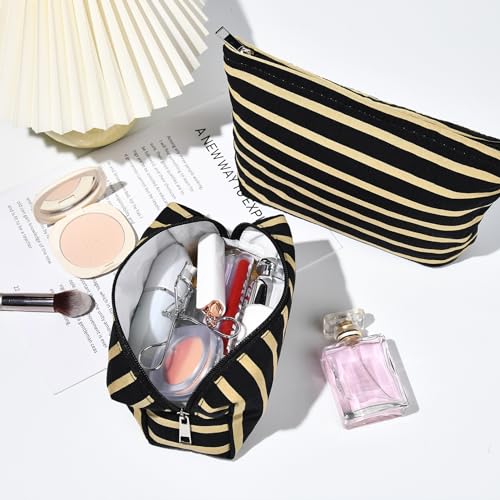 SOIDRAM 2 Pieces Makeup Bag Large Stripe Cosmetic Bag Capacity Canvas Mix Travel Toiletry Bag Organizer Cute Makeup Brushes Aesthetic Accessories Storage Bag for Women, Stripe Mix Black - color: Black Stripe