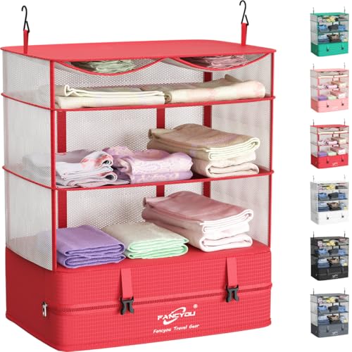 Compressible Packing Cubes Portable Hanging Closet Shelves 17"x12"x24" Extendable Travel Organizer Nylon Packing Bags for Suitcase - color: Red