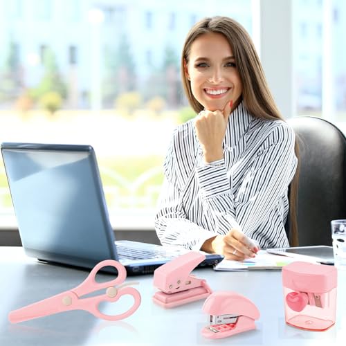 Pink Mini Office Supply Kit Mini School Supplies Desk Accessory Set Includes Mini Stapler Pencil Sharpener Staple Remover Hole Punch Ballpoint Pen Scissor Box Cutter Paper Clips Sticky Index Tabs - color: Pink