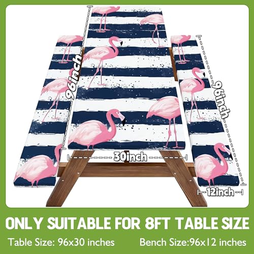 Picnic Table Cover with Bench Covers Elastic Table Cloth Cool Fun Unique Ideas Birthday Christmas Xmas Valentine's Day Camping Gifts for Camper RV Owner Camping Lovers Couple Women Men Mother Father - color: Blue Striped Flamingo, size: 96in