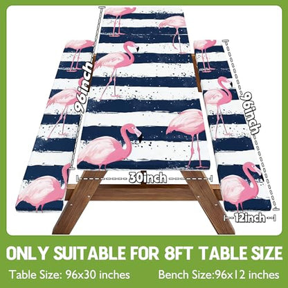 Picnic Table Cover with Bench Covers Elastic Table Cloth Cool Fun Unique Ideas Birthday Christmas Xmas Valentine's Day Camping Gifts for Camper RV Owner Camping Lovers Couple Women Men Mother Father - color: Blue Striped Flamingo, size: 96in