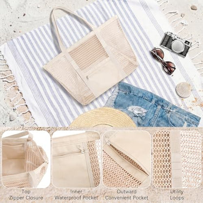 Dntorx Women's Mesh Beach Bag, Stylish Beach Tote for Swimming, Travel & Vacation Essentials, Lightweight Design for Poolside - color: Beige