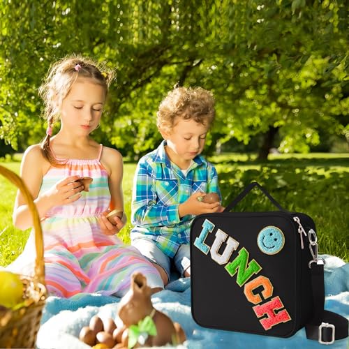 Insulated Lunch Bag With Adjustable Shoulder Strap, Nylon Preppy Lunch Box Large Insulated Lunch Bag Reusable Lunch Tote Bag with Smiley Preppy LunchBag for Girls School Travel Picnic (Black) - color: Black