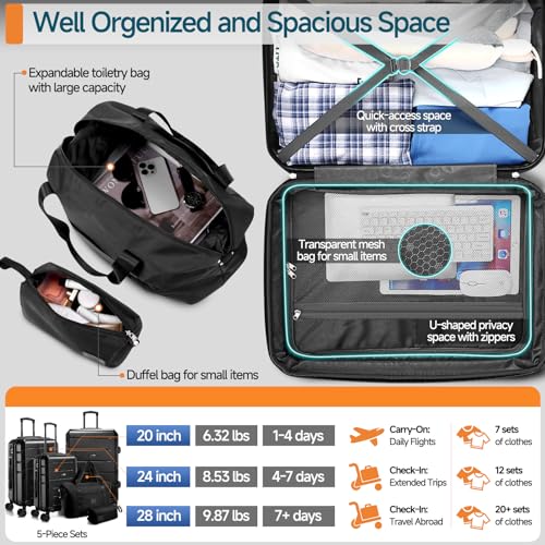 Hoteel Luggage Sets 5 Piece, 4-Yr Warranty, PC+ABS Hard Shell Expandable Suitcases with Wheels, TSA Aproved Lock and Carry on Bags, Travel Suit Case Set for Men and Women(5-Piece, Black) - color: Black, size: 5 Piece Set (Expandable 20&24&28/DB/TB)