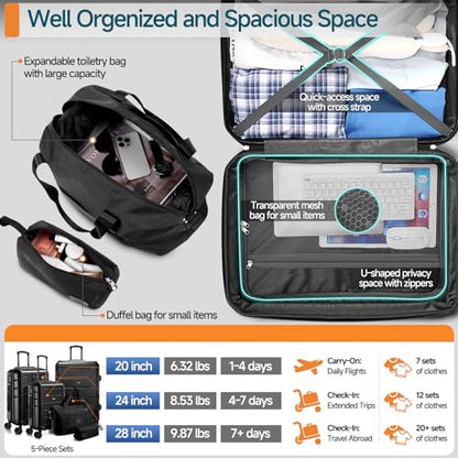 Hoteel Luggage Sets 5 Piece, 4-Yr Warranty, PC+ABS Hard Shell Expandable Suitcases with Wheels, TSA Aproved Lock and Carry on Bags, Travel Suit Case Set for Men and Women(5-Piece, Black) - color: Black, size: 5 Piece Set (Expandable 20&24&28/DB/TB)